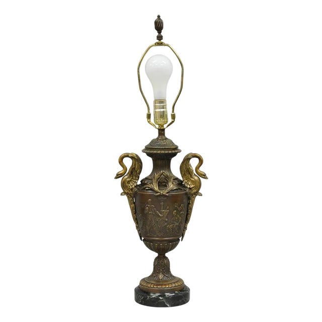 Antique French Neoclassical Style Bronze Figural Swans Table Lamp Signed Picault For Sale