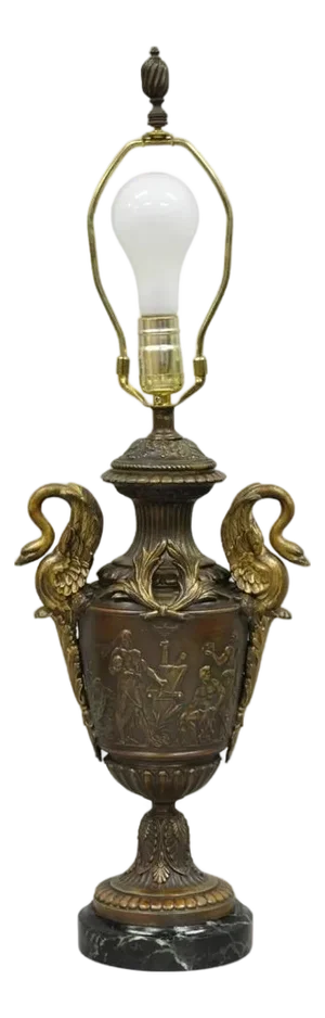 Antique French Neoclassical Style Bronze Figural Swans Table Lamp Signed Picault
