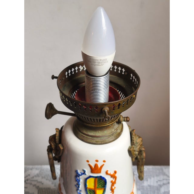 Metal Mid-Century Italian Brass & Ceramic Table Lamp with Frosted Etched Glass Shade, 1950s For Sale - Image 7 of 15