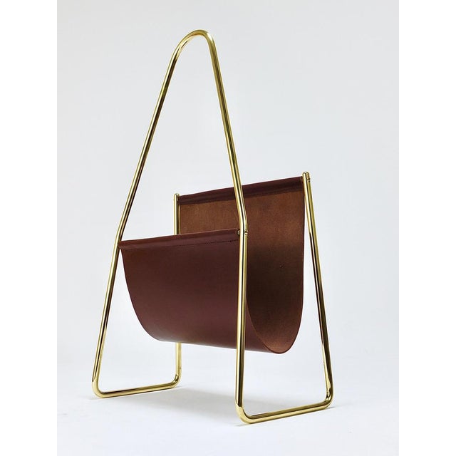Brown Mid-Century Magazine Rack in Brass and Brown Leather attributed to Carl Auböck, Austria, 1950s For Sale - Image 8 of 18