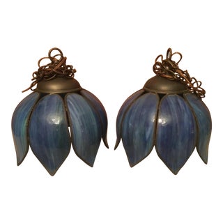 Hanging Blue Tulip Lamps - a Pair For Sale