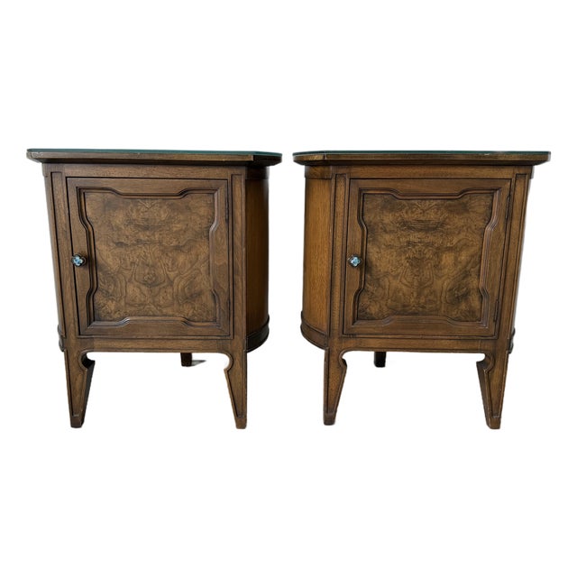 Harold Schwartz for Romweber Demilune Pecan Three-Leg End Tables / Nightstands- A Pair For Sale