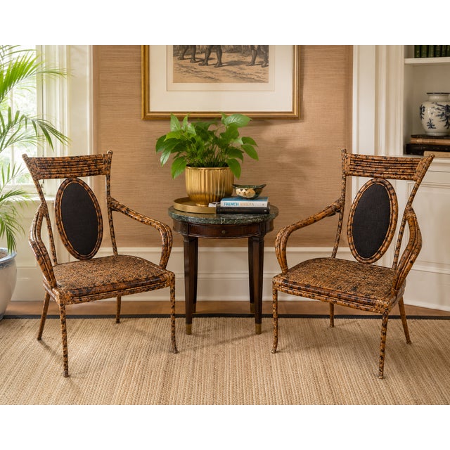 English Late 20th Century Pair of Regency Faux Tortoiseshell Bamboo Armchairs With Hollywood Production Provenance For Sale - Image 3 of 6