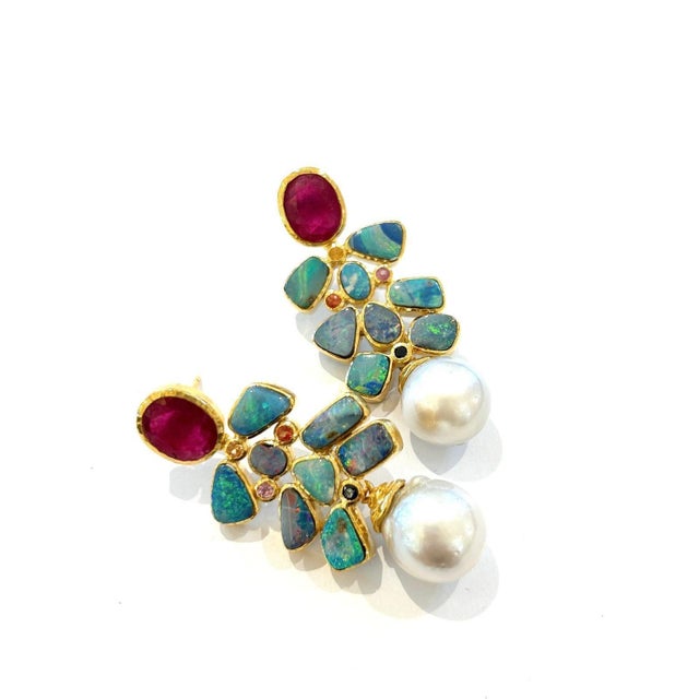 Bochic “Orient” Red, Opal & Multi Color Sapphires Earrings Set 18K Gold &Silver - a pair For Sale - Image 4 of 9