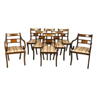 Early 20th Century Set 8 Fine Regency Dining Chairs W Brass Inlay & Saber Front Legs For Sale