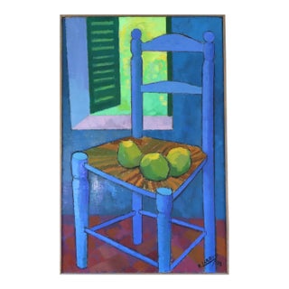 1978 Modernist 'Still Life With Blue Chair' Vintage Original Interiors Oil Painting, Framed For Sale