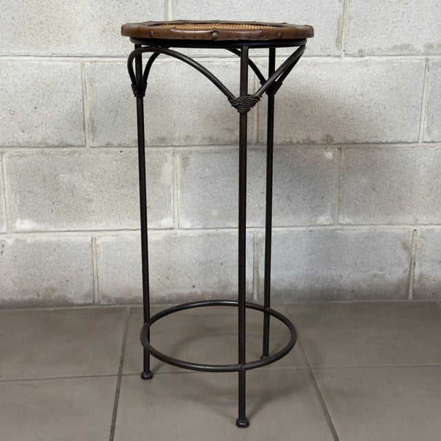 Vintage High Stool in Metal, Leather and Rattan, 1970s For Sale - Image 4 of 11