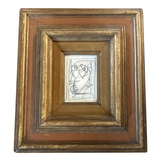 1970’s Original Vintage Modernist Abstract Pencil Drawing Chunky Wood Frame For Sale
