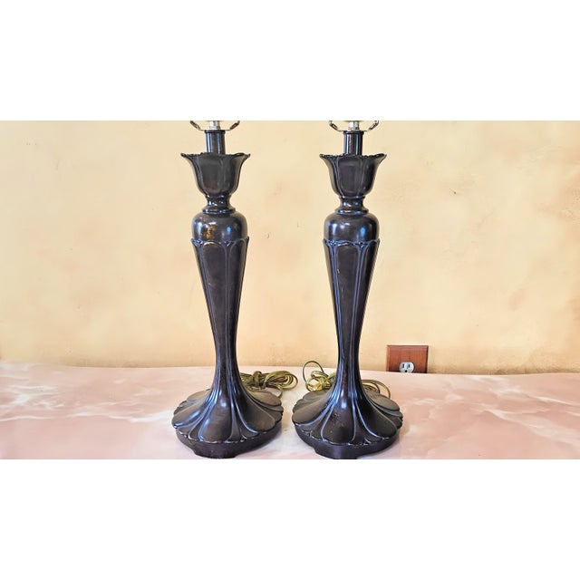 Metal Hollywood Regency Polished Bronze Table Lamps in Chocolate by Berman, a Pair For Sale - Image 7 of 12