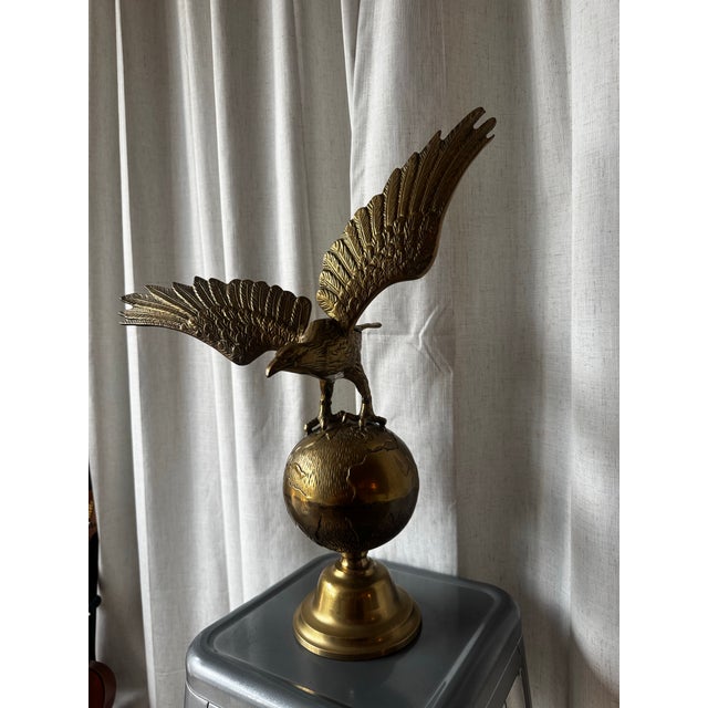 Metal Vintage Brass Eagle on Globe Sculpture For Sale - Image 7 of 12