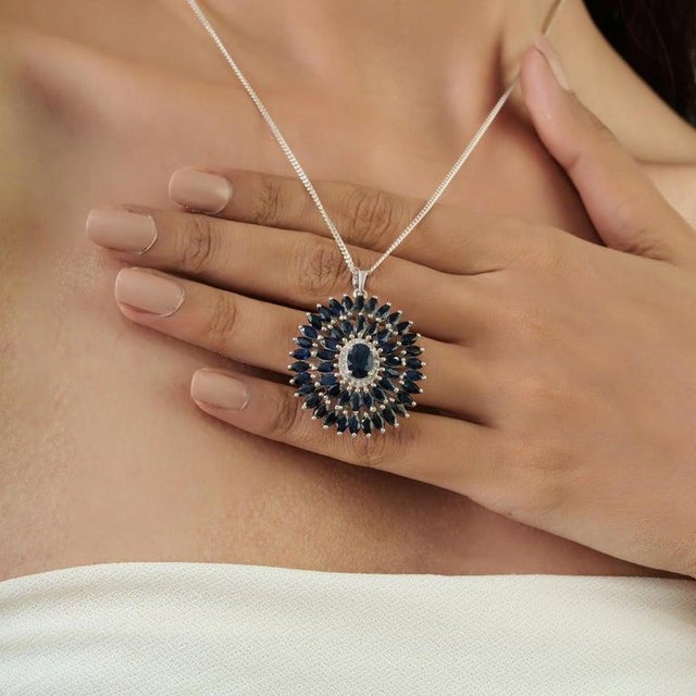 11 CTW Blue Sapphire & Diamond Halo Pendant in 925 Sterling Silver For Sale - Image 10 of 14
