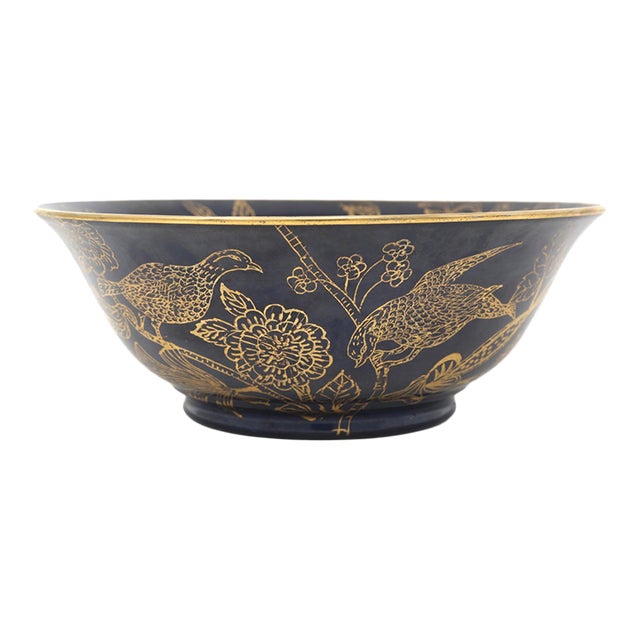 Navy Blue & Gold Chinoiserie Porcelain Bowl With Quail, Pears & Flowers For Sale