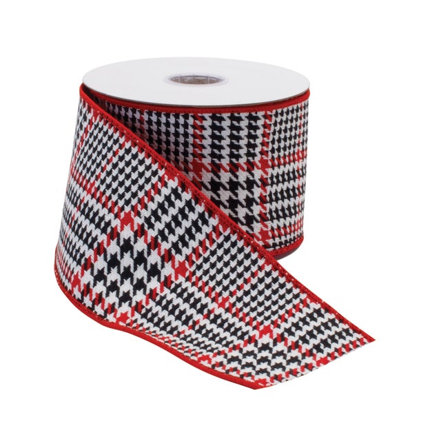 Add a bold and festive touch to your holiday decor with this 4" x 10-yard Red & Black Houndstooth Plaid Wired Cotton...
