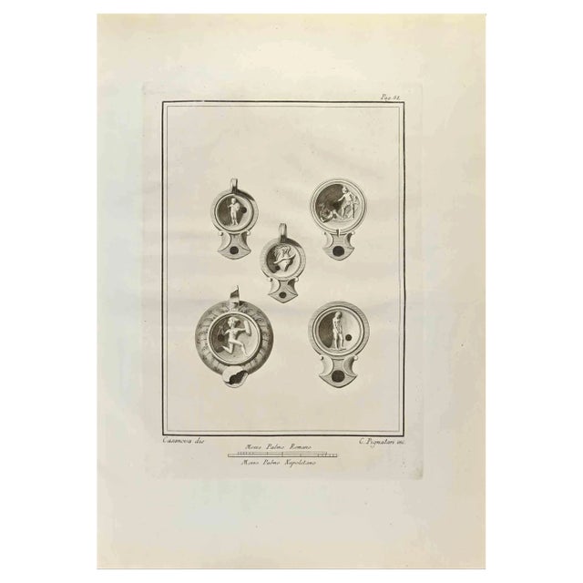 Carlo Pignatari, Oil Lamps with Hermes, Etching, 18th Century For Sale