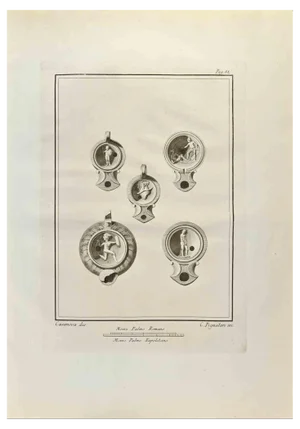 Carlo Pignatari, Oil Lamps with Hermes, Etching, 18th Century
