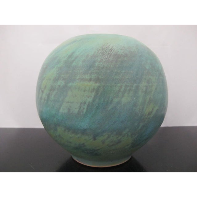 Turquoise Mottled Earth Tone Spherical Studio Pottery Vase Jar For Sale In Portland, OR - Image 6 of 8