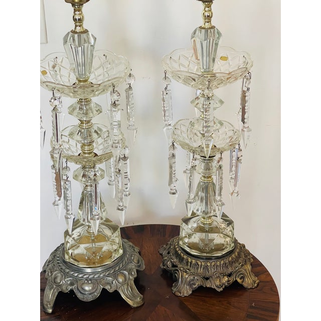 Antique Bohemian Cut Crystal Pendants Table Lamps - a Pair For Sale - Image 4 of 6