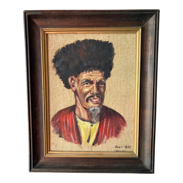 Iranian Oil Portrait Painting on Linen Canvas, Framed 1974–75 Signed Ali-Sh Vintage For Sale