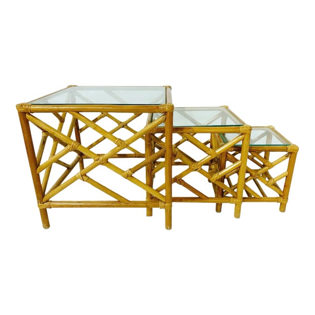 Chippendale Bamboo Rattan Nesting Tables - Set of 3 For Sale