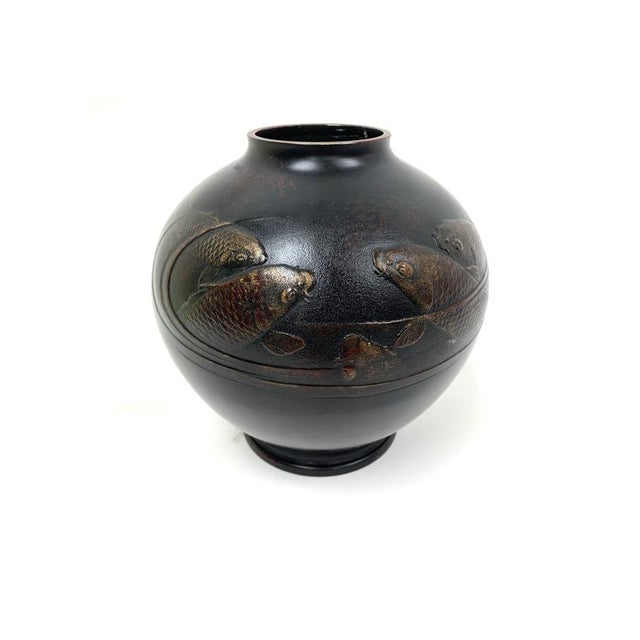 1960s Traditional Japanese Metal Koi Vase on Wood Stand For Sale - Image 10 of 11