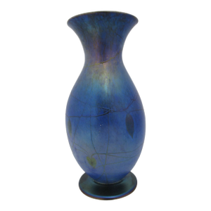 Donald Carlson Iridescent Blue Splatter Studio Art Glass Trumpet Vase