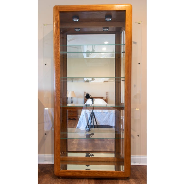 Vintage-Style Tall Oak Curio Display Cabinet W/ Illuminated Glass Shelves, Magnetic Doors & Antique Brass Knobs For Sale - Image 6 of 18