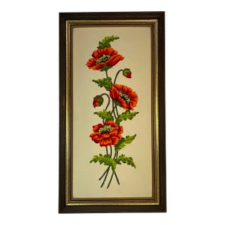 1960s Americana Folk Art Large Scale Framed Poppies Crewel Needlepoint For Sale