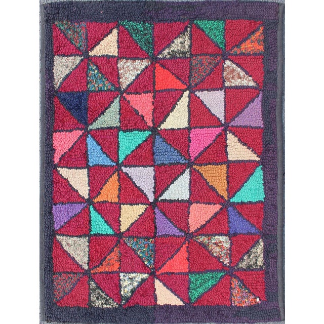 Red Checkerboard Vintage American Hooked Rug With Geometric Designs For Sale - Image 8 of 8