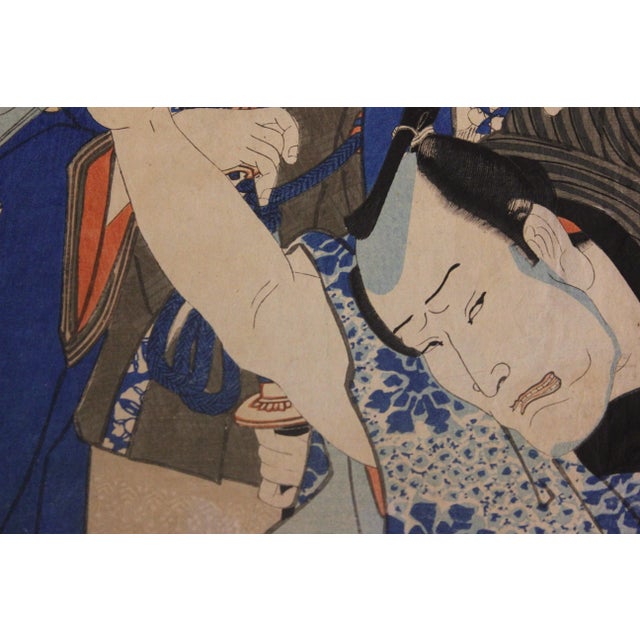 Traditional Two Kabuki Actors Japanese Woodblock Print Mid 19th Century For Sale - Image 3 of 6