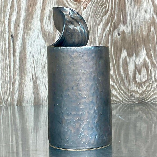 Vintage Brutalist Sculptural Black Studio Pottery Vase For Sale - Image 4 of 13