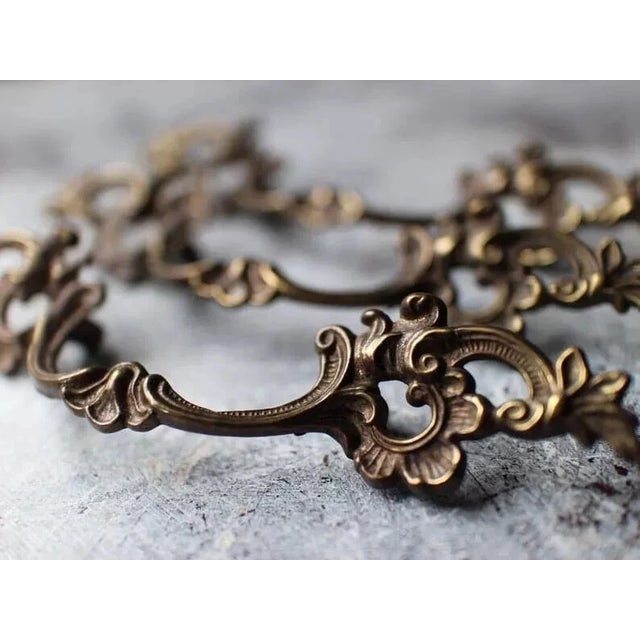 Vintage French Provincial Antiqued Brass Ornate Bail Pulls - Sets of 3 For Sale - Image 4 of 7