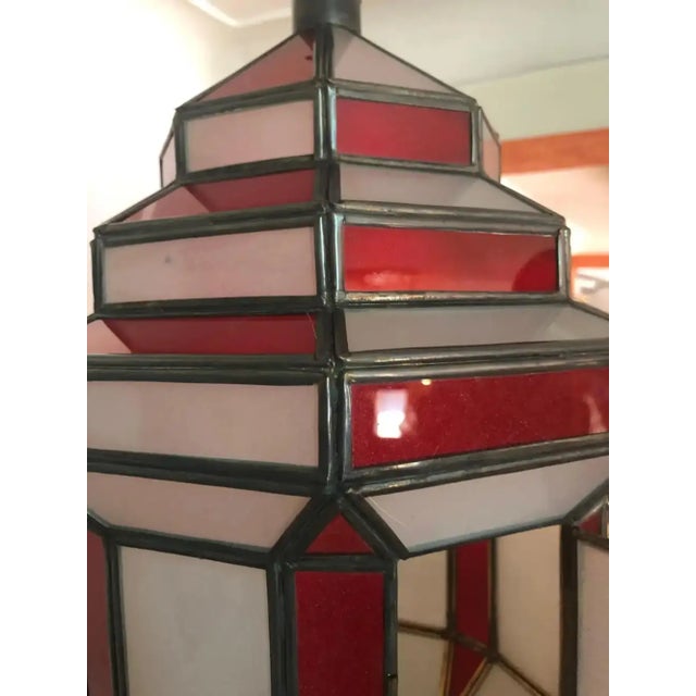 1990s Art Deco-Style White Milk & Red Glass & Bronze Chandelier, Pendant or Lantern For Sale - Image 15 of 18