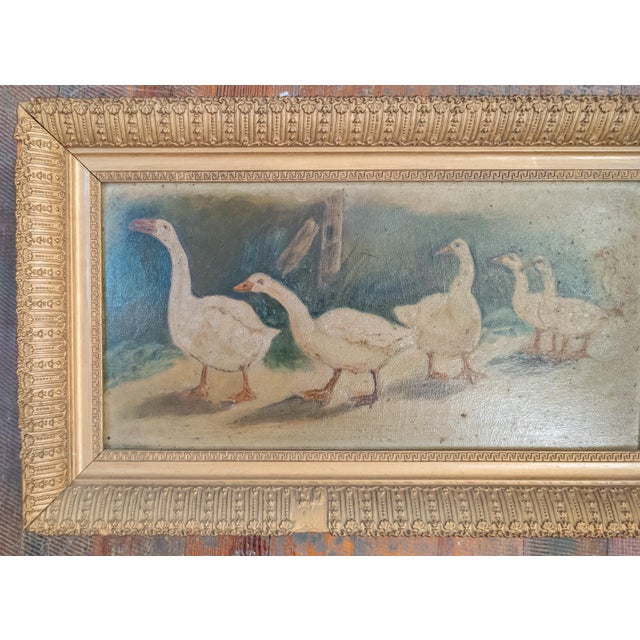 We are selling this charming rustic country naive primitive painting of a group of geese or swans. This painting is...