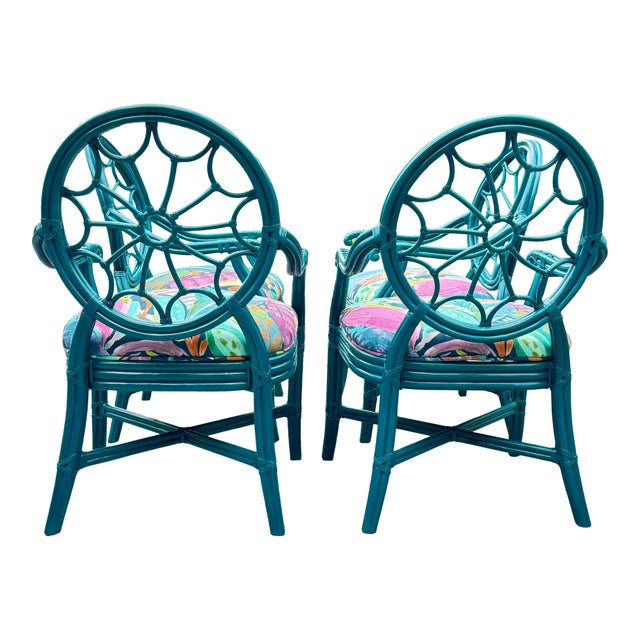 Spiderback Rattan Dining Set, Newly Painted and Re-Upholstered For Sale - Image 10 of 11