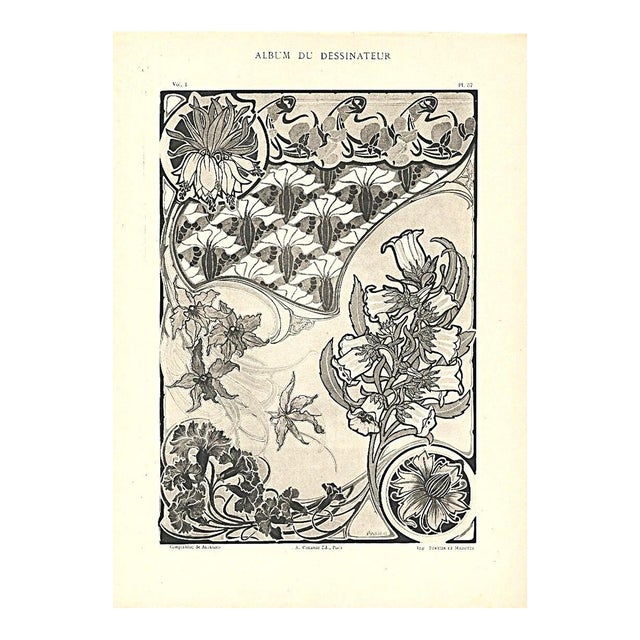 1900 Antique French Art Nouveau Floral Design Lithograph For Sale