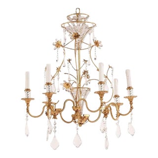 Vintage French Bagues Manner Gilt Iron and Crystal Chandelier For Sale