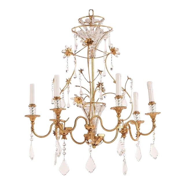 Vintage French Bagues Manner Gilt Iron and Crystal Chandelier For Sale