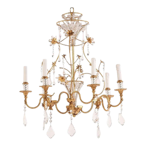 Vintage French Bagues Manner Gilt Iron and Crystal Chandelier