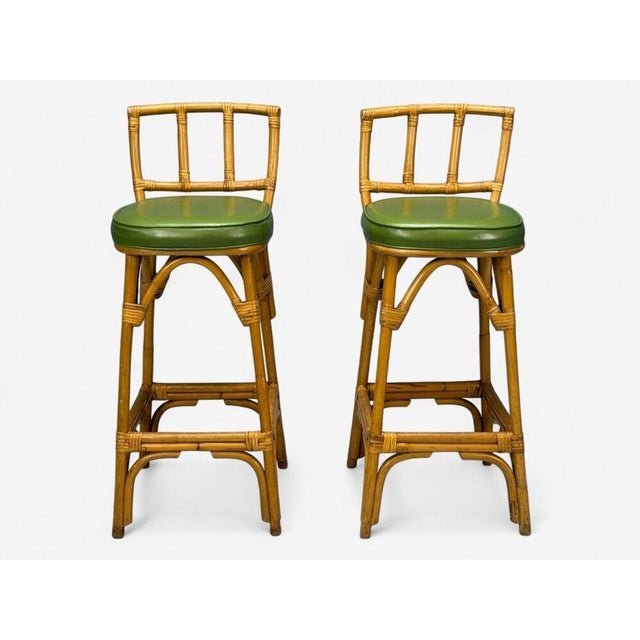 Wood Dutch Modern, Bamboo, Green Leather, Three Barstools, Netherlands, 1970s For Sale - Image 7 of 13