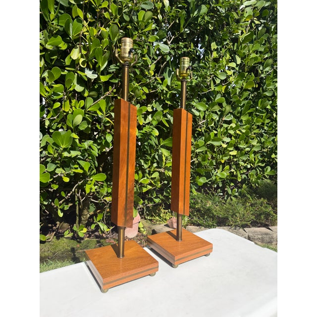 Mid-Century Modern Architectural Walnut and Brass Table Lamps, Pair For Sale - Image 4 of 12