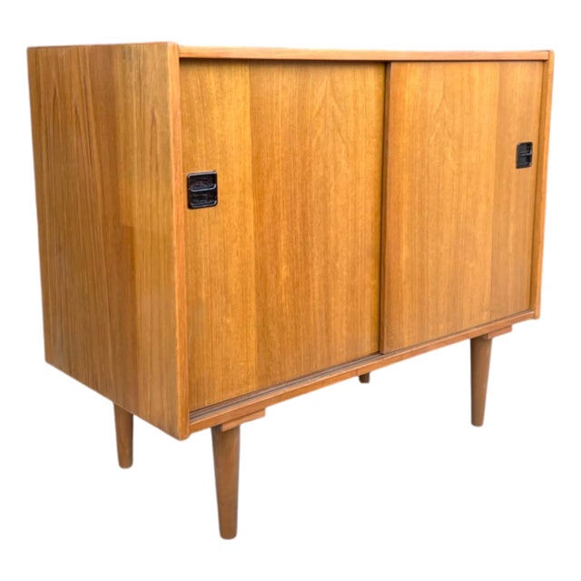 Vintage Danish Modern Teak Bar Cabinet With Sliding Doors For Sale