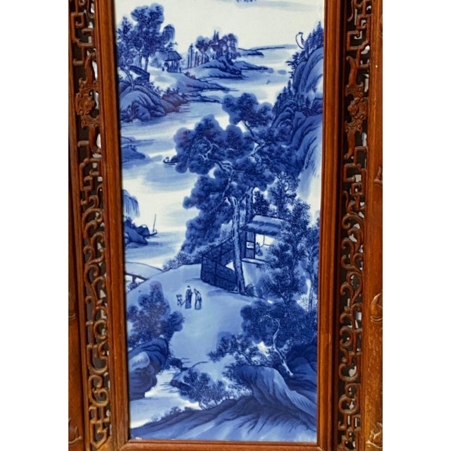 Chinoiserie Vintage Lg Chinoiserie Blue and White Porcelain Wood Panel 49" H For Sale - Image 3 of 9