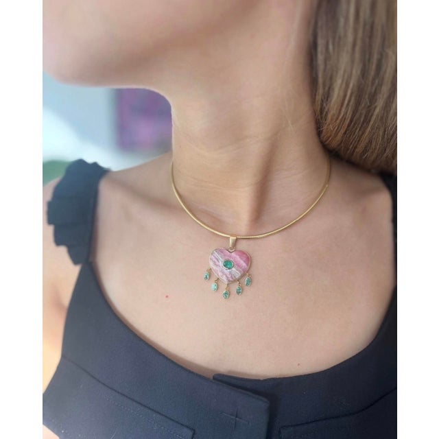 Metal Large Rhodochrosite Heart Pendant With Emeralds & 14k Gold For Sale - Image 7 of 14