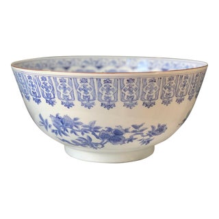 Large 20th Century Canton Export Hand-Painted Porcelain Bowl, Blue and White Floral For Sale