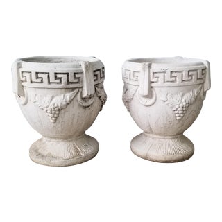 Vintage Greek Key and Grape Pattern Concrete Planters a Pair For Sale