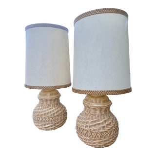 1970's Spanish Ceramic Trompe-l'Oeil Wicker Table Lamps With Matching Shades, a Pair For Sale