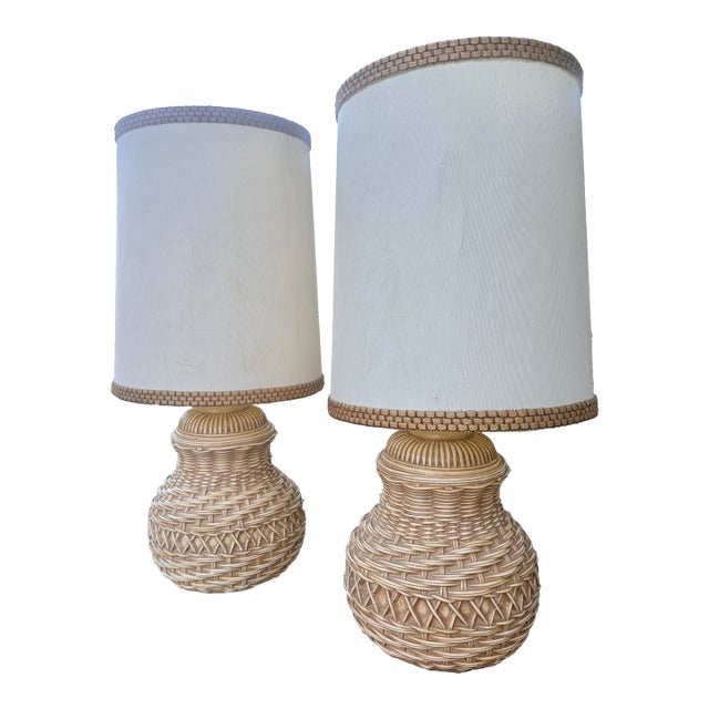 1970's Spanish Ceramic Trompe-l'Oeil Wicker Table Lamps With Matching Shades, a Pair For Sale