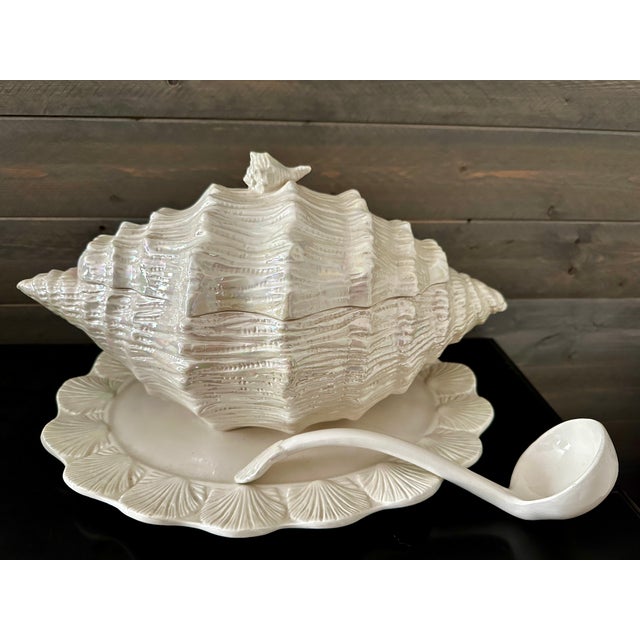 Vintage 1980s Ceramic Conch Shell Soup Tureen Signed by Artist With Lid, Ladle & Serving Plate For Sale - Image 4 of 11