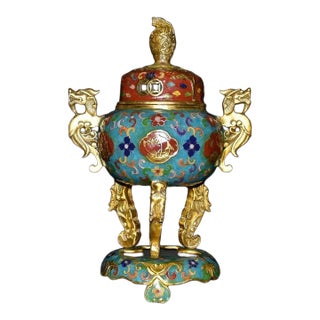 Elegant Vintage Chinese Cloisonné Enamel & Gilt Bronze Tripod Censer on Stand For Sale