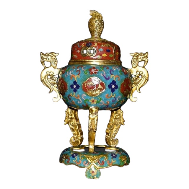 Elegant Vintage Chinese Cloisonné Enamel & Gilt Bronze Tripod Censer on Stand For Sale
